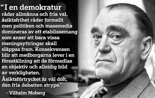 Bild på Vilhelm Moberg och ett citat om demokratur